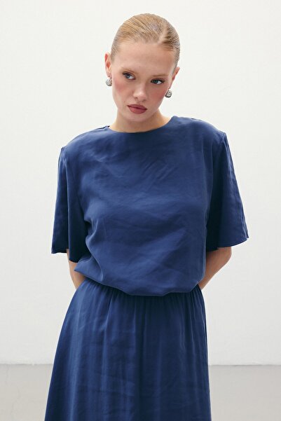 Sateen Kısa Kollu Salaş Bluz - İndigo