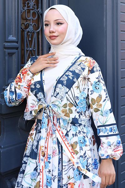 hafsamina Floral Patterned Tie-Up Skirt Suit Blue Hm2768