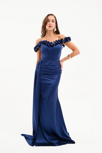 Lafaba Women's Navy Blue Collar Floral Long Satin Evening Dress
