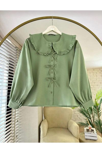 Nergis Neva Butik Poplin Fabric Collar Detailed Bow Skirt Top Shirt