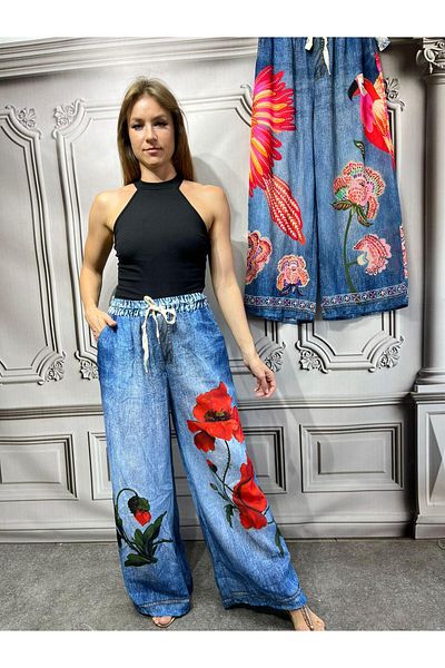 AGORATEKSTİL Women's Italian Digital Print Poppy Pattern Oversize Trousers