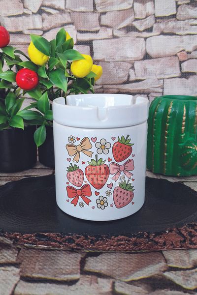 giftkonsept Strawberry and Ribbon No:3 Summer Themed Printed Ceramic Lid Odorless Ashtray