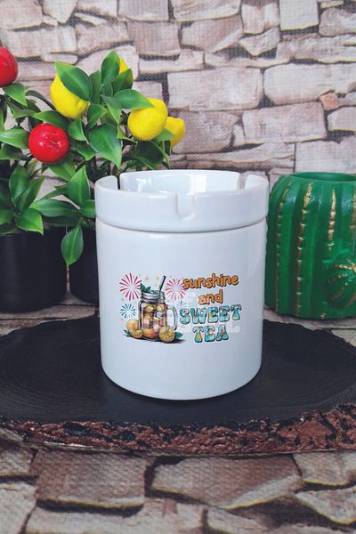 giftkonsept Sunshine and Sweet Tea Summer Themed Printed Ceramic Lid Odorless Ashtray