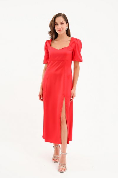 Lafaba Women's Red Balloon Sleeve Slit Satin Midi Dress