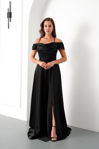 Lafaba Women's Black Low Sleeve Satin Evening Dress