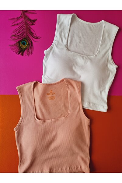 Demirsa Boutique Square Collar Camisole Fabric 2-Piece Powder and White Women's Fixed Pad Crop Blouse Singlet