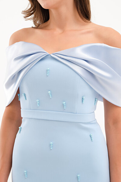 Lafaba Rochie de seară pentru femei, albastru bebeluș, cu decolteu barcă, cu perle, pentru logodna, nuntă