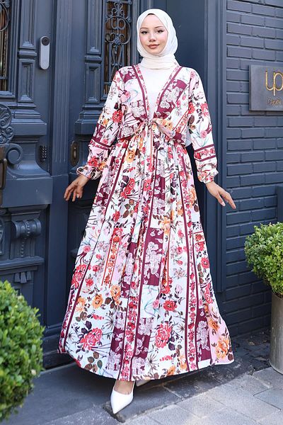 hafsamina Floral Patterned Tie-Up Skirt Suit Pink Hm2768