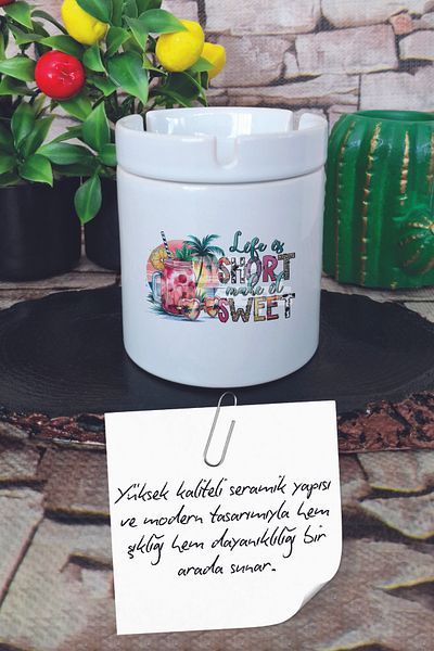 giftkonsept Life Is Short Make It Better Summer Themed Printed Ceramic Lid Odorless Ashtray