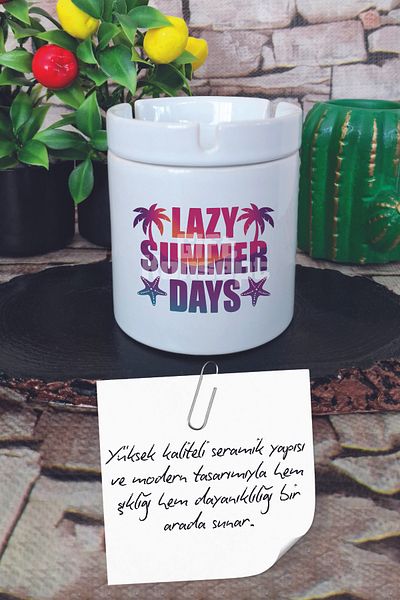 giftkonsept Lazy Summer Days Summer Themed Printed Ceramic Lid Odorless Ashtray