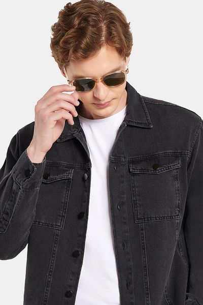 Tudors Men's Relax Fit Relaxed Cut Denim Snap Long Sleeve Denim Jacket Black Shirt