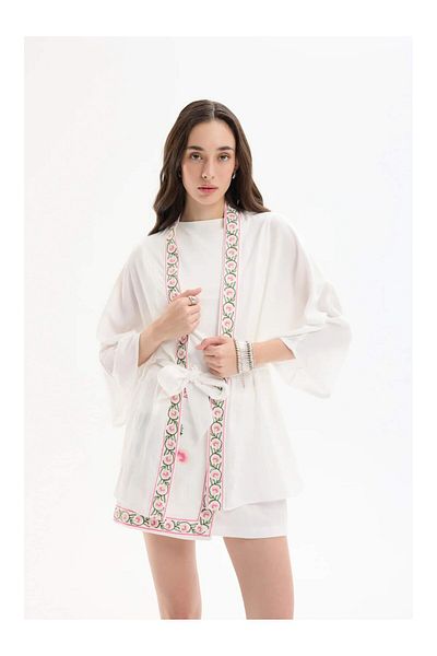 Coral Embroidery Detailed Kimono Jacket Ecru