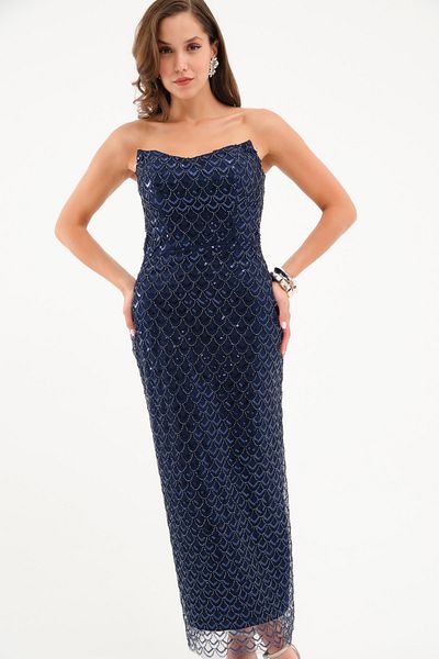 Lafaba Women's Navy Blue Strapless Sequined Pencil Evening Dress