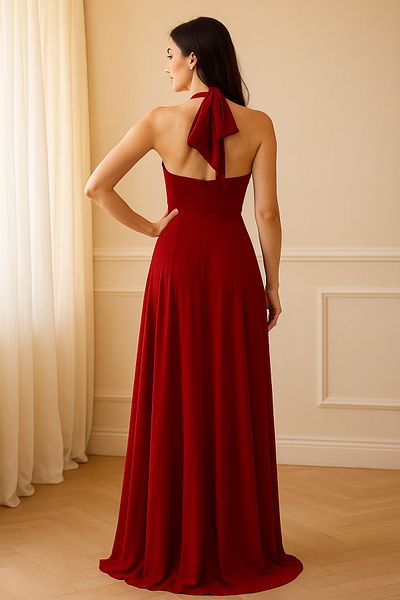 Ceylen Halter Neckline Tulle Detail Long Evening Dress