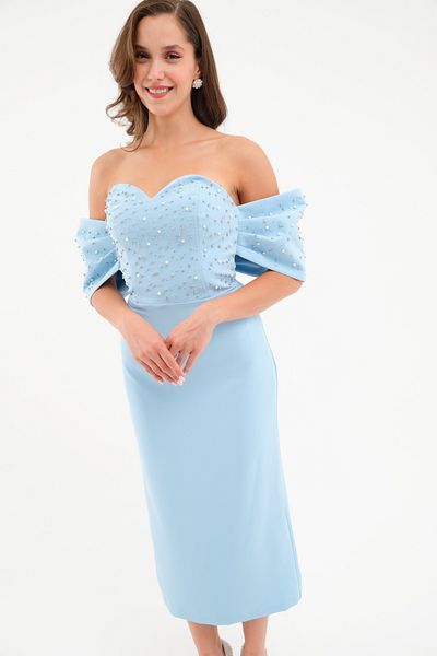 Lafaba Women's Baby Blue Strapless Neckline Sleeve Detail Midi Evening Dress