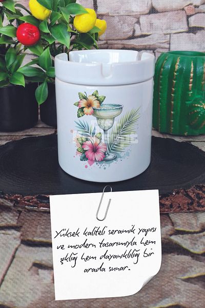 giftkonsept Margarita Cocktail and Tropical Flower Summer Themed Printed Ceramic Lid Odorless Ashtray
