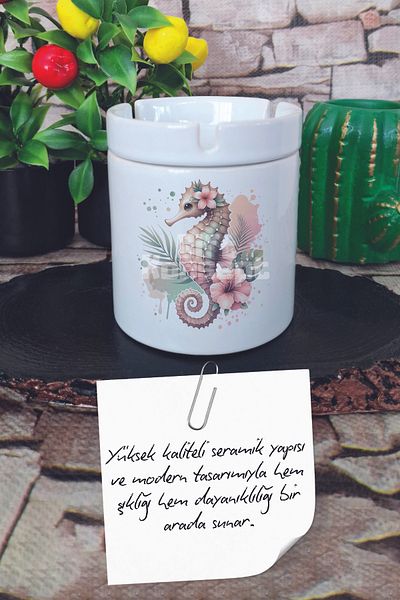 giftkonsept Sea Horse Summer Themed Printed Ceramic Lid Odorless Ashtray
