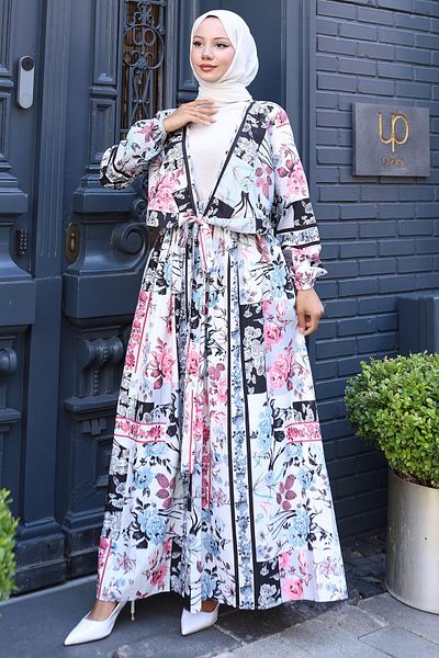 hafsamina Floral Patterned Tie-Up Skirt Suit Black Hm2768