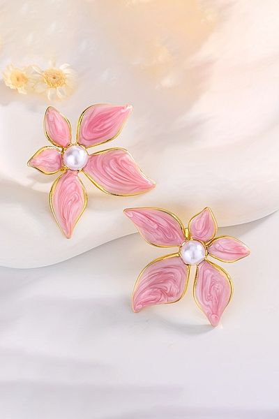Glaren Pink Enamel 5 Petal Design Flower Women's Earrings