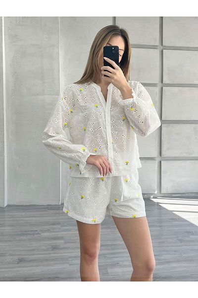 Coral Floral Embroidered Laser Shirt Shorts Set Ecru