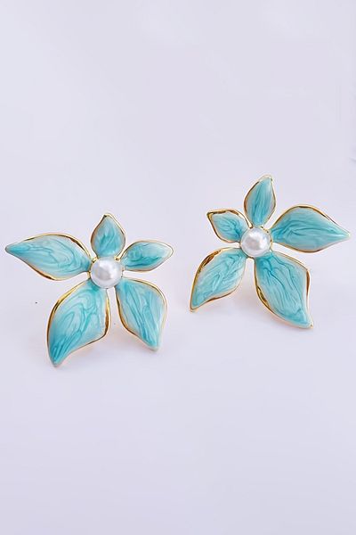 Glaren Blue Enamel 5 Petal Design Flower Women's Earrings