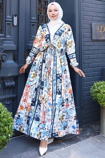 hafsamina Floral Patterned Tie-Up Skirt Suit Blue Hm2768