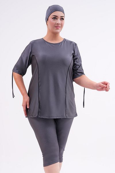 Remsa Mayo Large Size Semi-Closed Hijab Swimsuit with Sleeve Detail 2311 Aysu Anthracite