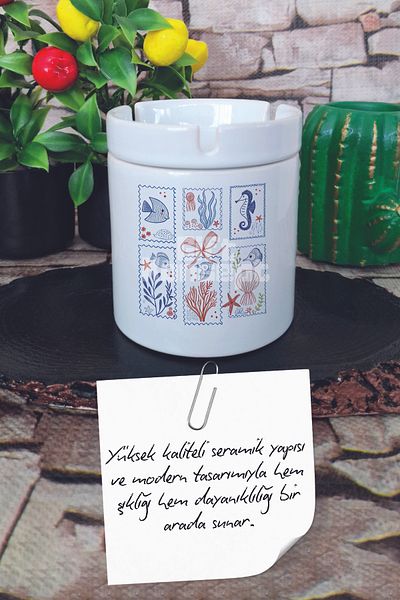giftkonsept Summer Coastal Trendy Summer Themed Printed Ceramic Lid Odorless Ashtray