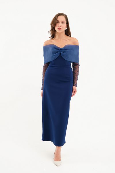 Lafaba Women's Navy Blue Sleeve Detailed Bow Promise Engagement Wedding Evening Dress