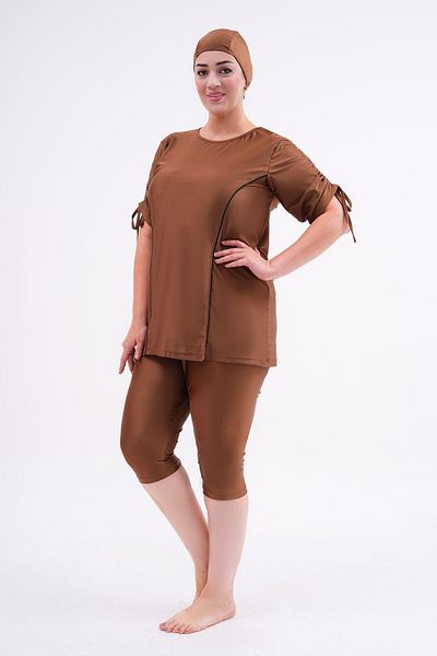 Remsa Mayo Large Size Semi-Covered Hijab Swimsuit with Sleeve Detail 2311 Aysu Brown