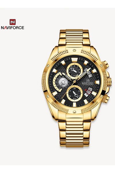 Naviforce Mens Chronograph Sport Watch Stainless Steel Band Analog Quartz Movement Multifunctional Dial Water