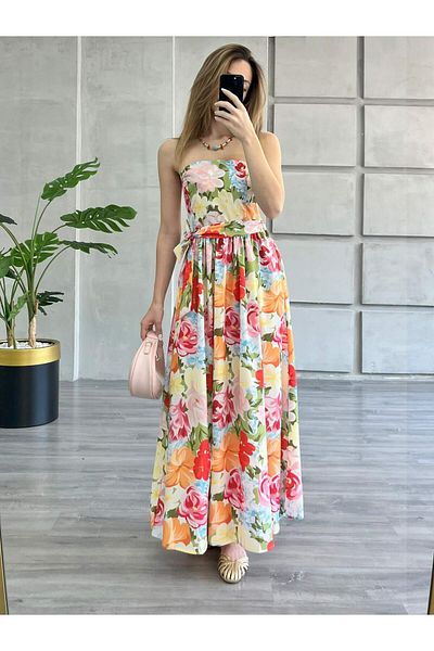 Coral Floral Patterned Strapless Dress Red