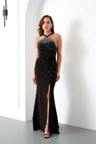 Lafaba Women's Black Halter Neckline Stone Detail Slit Long Evening Dress