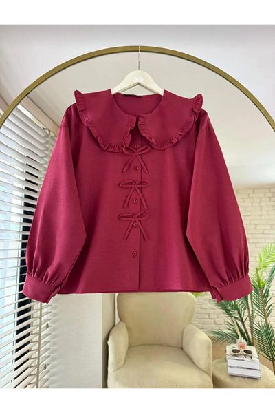 Nergis Neva Butik Poplin Fabric Collar Detailed Bow Skirt Top Shirt