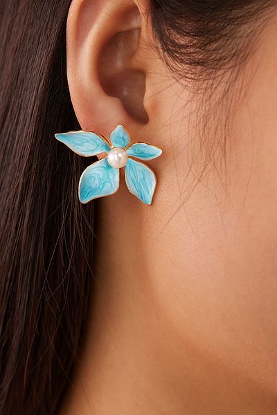 Glaren Blue Enamel 5 Petal Design Flower Women's Earrings