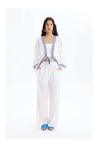 Coral Stripe Detailed Trousers Ecru
