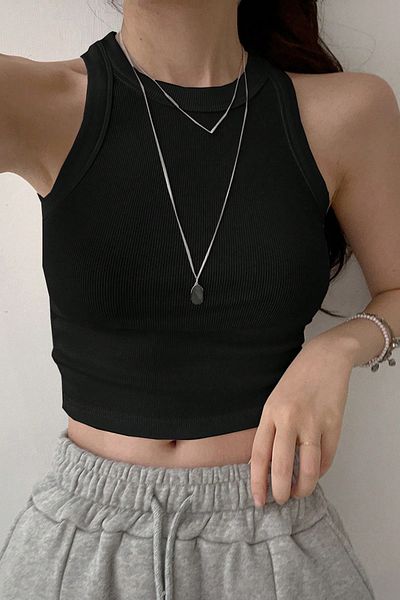 Tarz Cool Women's Black Camisole Wide Strap Ribbed Crop Tank Top