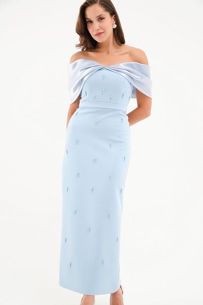 OFZE Γυναικείο Baby Blue Boat Neck Pearl Promise Αρραβωνιαστικό Νυφικό Βραδινό Φόρεμα