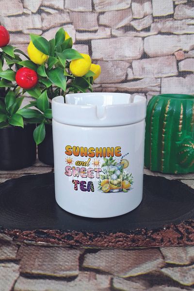 giftkonsept Sunshine and Sweet Tea Lemon Summer Themed Printed Ceramic Lid Odorless Ashtray