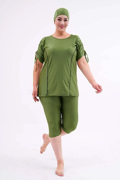 Remsa Mayo Large Size Semi-Closed Hijab Swimsuit with Sleeve Detail 2311 Aysu Green