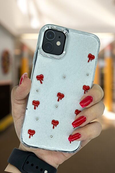 PSGT Apple Iphone 11 Kılıf kirmizi kalp Desenli Şeffaf Kamera Çıkıntılı Parla...