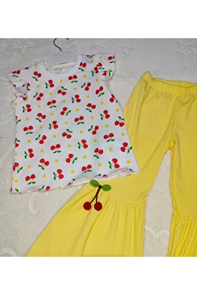 The LOG INVEST Cherry Printed T-Shirt Spanish Long Lycra 2-Piece Girl's Set Yellow