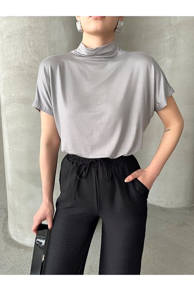 ladyzey Women's Gray Stand Collar Off Shoulder Blouse