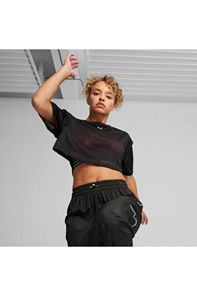 Puma تي شيرت نسائي قصير من القماش الشبكي - أسود
