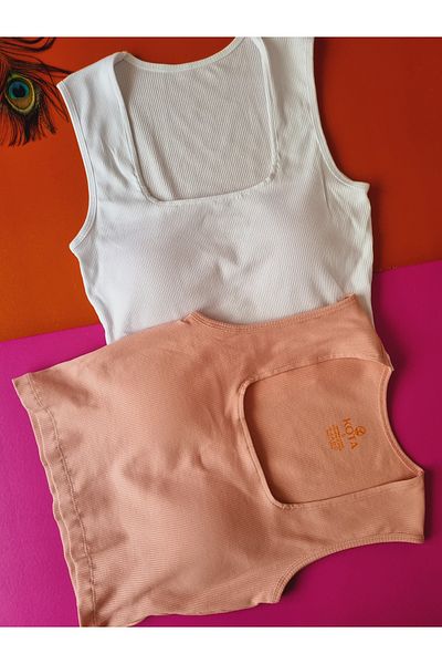 Demirsa Boutique Square Collar Camisole Fabric 2-Piece Powder and White Women's Fixed Pad Crop Blouse Singlet