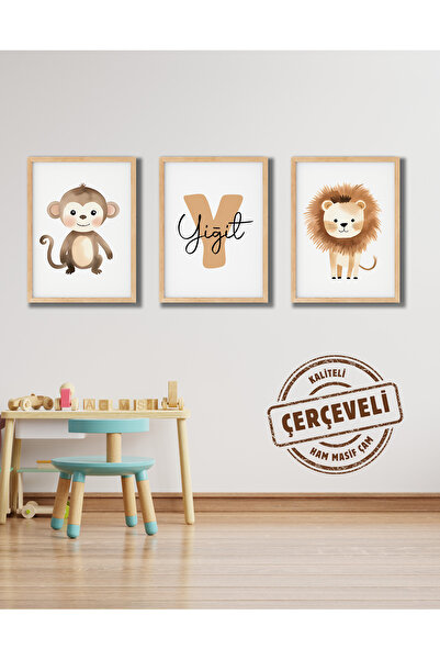 TABLOX Kişiye Özel İsimli 3’lü Bebek Çocuk Odası Ahşap Çerçeveli Tablo Seti S...