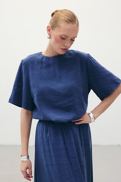 Sateen Ежедневна блуза с къс ръкав - Индиго