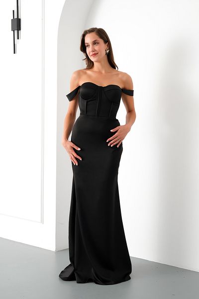 Lafaba Women's Black Chest Underwire Long Satin Evening Dress