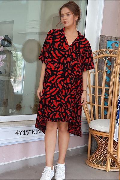 Modasultan Polo V-Neck Patterned Midi Length Double Pocket Viscose Dress