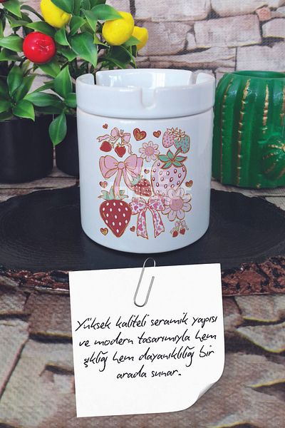 giftkonsept Strawberry and Ribbon No:2 Summer Themed Printed Ceramic Lid Odorless Ashtray